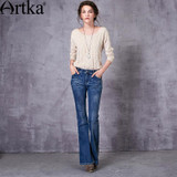 Artka Women's 2017 Spring Ethnic Embroidery Flare Pants Vintage Mid-waist Slim Fit Full Length Jeans With Pockets KN10975C