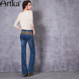 Artka Women's 2017 Spring Ethnic Embroidery Flare Pants Vintage Mid-waist Slim Fit Full Length Jeans With Pockets KN10975C