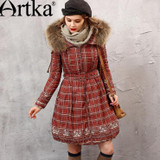 Artka Winter Women's Down Jacket With Raccoon Fur Collar Warm Parka Female Windbreaker With Sashes Plaid Raincoat Femme ZK10059D