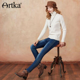 Artka 2018 Summer Light Washed Elastic All-match Side Embroidery Long Straight Casual Jeans KN11377D