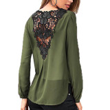 Singwing Women Sexy V-neck Chiffon Blouses Lace long-sleeved Shirts Hollow Out in Back Solid Color Hole Blouse Tops