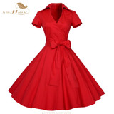 SISHION Women Summer Dress Short Sleeve Elegant Lemon Print Black Red Blue Retro Big Swing 50s Vintage Dress Tunic Vestidos 434