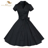 SISHION Women Summer Dress Short Sleeve Elegant Lemon Print Black Red Blue Retro Big Swing 50s Vintage Dress Tunic Vestidos 434