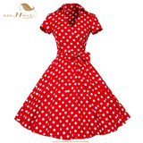 SISHION Women Summer Dress Short Sleeve Elegant Lemon Print Black Red Blue Retro Big Swing 50s Vintage Dress Tunic Vestidos 434