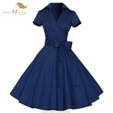 SISHION Women Summer Dress Short Sleeve Elegant Lemon Print Black Red Blue Retro Big Swing 50s Vintage Dress Tunic Vestidos 434