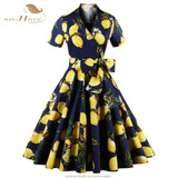 SISHION Women Summer Dress Short Sleeve Elegant Lemon Print Black Red Blue Retro Big Swing 50s Vintage Dress Tunic Vestidos 434