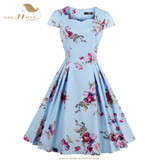 SISHION 50s 60s Vestidos 4XL Plus Size Cap Sleeve Pleated Garden Party Picnic Cocktail Swing Vintage Dress Floral Print VD0399