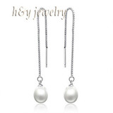 Sinya 925 Sterling silver dangle drop earring with 7.5mm AAAA grade freshwater pearl long chain jewelry tassel earring for women