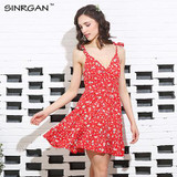 SINRGAN Sexy backless Padded Print Summer Dress Women Summer V-Neck Beach Dresses Boho Strap Red Flower Print Short Dress