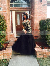 Gold Appliqued Beaded Black Mermaid Prom Dress for Girls Sweetheart Tulle African Style Long Evening Gowns 2017 Graduation Dress