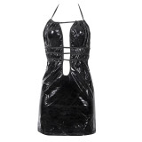 Gogoboi 2017 Women PVC Erotic Leotard Costumes Latex Bodysuit Catsuit Ladies Wet Look Mini Dress Black Bandage Leather Sexy