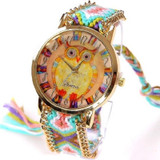 Gnova Platinum Rainbow Watch Women ethnic fashion owl wristwatch hippie Lace Chain Braided Reloj Girl Vintage Geneva Style A011