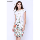 Glorria Women Summer Wear to Work Floral Print Slash Neck White Dresses Office Lady Business Party Slim Pencil Knee-Length Dress