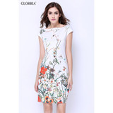 Glorria Women Summer Wear to Work Floral Print Slash Neck White Dresses Office Lady Business Party Slim Pencil Knee-Length Dress