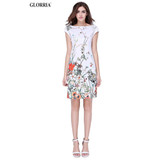 Glorria Women Summer Wear to Work Floral Print Slash Neck White Dresses Office Lady Business Party Slim Pencil Knee-Length Dress