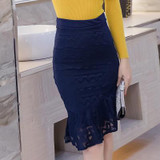 5XL Women Skirt New Fashion Slim Lace Hollow Out High Waist Midi Skirt Asymmetry Hem Knee-Length Mermaid Skirt Package Hip Skirt