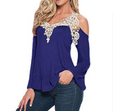 5XL Sexy Lace Crochet V Neck Women Blouse 2017 Autumn Casual Shirts Long Sleeve Blusas Cold Shoulder Top Shirt Plus Size LX053