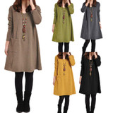 5XL Plus Size Womens Clothing 2018 Autumn Winter Women Pockets Dress Long Sleeve Solid O Neck Loose Dress Casual Ukraine Vestido