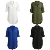 5XL Plus Size Women Chiffon Shirt V Neck Pockets Roll up Long Sleeves Asymmetrical Solid Loose Casual Blouse Tunic Shirt female