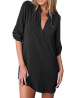 5XL Plus Size Women Chiffon Shirt V Neck Pockets Roll up Long Sleeves Asymmetrical Solid Loose Casual Blouse Tunic Shirt female