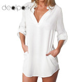 5XL Plus Size Women Chiffon Shirt V Neck Pockets Roll up Long Sleeves Asymmetrical Solid Loose Casual Blouse Tunic Shirt female