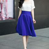 5XL Plus Size Skirt High Waisted Skirts Womens White Knee Length Bottoms Pleated Skirt Saia Midi Pink Black Red Blue 2017