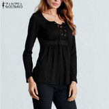 2018 Autumn Sexy Blouses ZANZEA Women V Neck Long Sleeve Lace Splicing Solid Blusas Tops Casual Plus Size Shirts Oversized