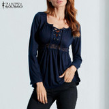 2018 Autumn Sexy Blouses ZANZEA Women V Neck Long Sleeve Lace Splicing Solid Blusas Tops Casual Plus Size Shirts Oversized