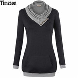 2018 Autumn Long Sleeve Kangaroo Pocket Women Hoodies Scarf Neck Casual Knitted Patchwork Pullovers Female Out Wear Tee Shirt