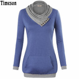 2018 Autumn Long Sleeve Kangaroo Pocket Women Hoodies Scarf Neck Casual Knitted Patchwork Pullovers Female Out Wear Tee Shirt