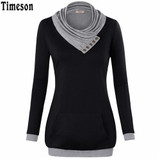 2018 Autumn Long Sleeve Kangaroo Pocket Women Hoodies Scarf Neck Casual Knitted Patchwork Pullovers Female Out Wear Tee Shirt
