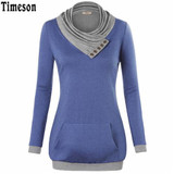 2018 Autumn Long Sleeve Kangaroo Pocket Women Hoodies Scarf Neck Casual Knitted Patchwork Pullovers Female Out Wear Tee Shirt