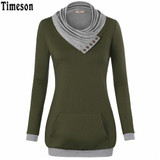 2018 Autumn Long Sleeve Kangaroo Pocket Women Hoodies Scarf Neck Casual Knitted Patchwork Pullovers Female Out Wear Tee Shirt