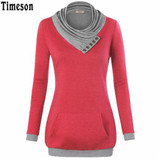 2018 Autumn Long Sleeve Kangaroo Pocket Women Hoodies Scarf Neck Casual Knitted Patchwork Pullovers Female Out Wear Tee Shirt