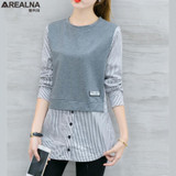 2018 autumn korean style long sleeve Blouse Shirt women tops Casual Striped Patchwork Fake Two Pieces Women Blouses Loose blusas