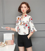 2018 Autumn Floral Chiffon Blouse Women Tops Flare Sleeve Shirt Women Ladies Office Blouse Korean Fashion Blusas Chemise Femme
