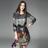 2018 100% Real Silk Dress Women Spring Summer Vintage A-line Printing Loose Plus Size Dresses Top Quality Three Quarter Sleeves