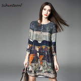 2018 100% Real Silk Dress Women Spring Summer Vintage A-line Printing Loose Plus Size Dresses Top Quality Three Quarter Sleeves