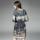 2018 100% Real Silk Dress Women Spring Summer Vintage A-line Printing Loose Plus Size Dresses Top Quality Three Quarter Sleeves