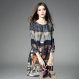 2018 100% Real Silk Dress Women Spring Summer Vintage A-line Printing Loose Plus Size Dresses Top Quality Three Quarter Sleeves