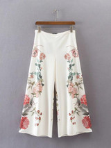 2017ss New Woman Fashion White Culottes with floral print Side zip Wide LEG LOOSE Cropped Trousers