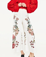 2017ss New Woman Fashion White Culottes with floral print Side zip Wide LEG LOOSE Cropped Trousers