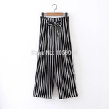 2017SS New Woman Fashion Black White Striped Wide Leg Cropped Trousers Elastic Waist with bow tied Loose Pants