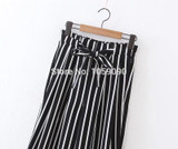 2017SS New Woman Fashion Black White Striped Wide Leg Cropped Trousers Elastic Waist with bow tied Loose Pants