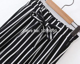2017SS New Woman Fashion Black White Striped Wide Leg Cropped Trousers Elastic Waist with bow tied Loose Pants