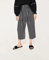 2017SS New Woman Fashion Black White Striped Wide Leg Cropped Trousers Elastic Waist with bow tied Loose Pants