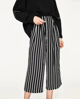 2017SS New Woman Fashion Black White Striped Wide Leg Cropped Trousers Elastic Waist with bow tied Loose Pants