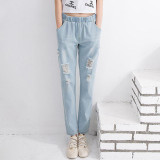 Boyfriend Jeans For Women 2017 Summer High-Waist Denim Trousers Harem Hole Ripped Pants Female Elastic Waist Jeans