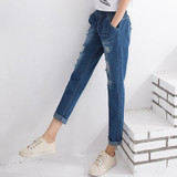 Boyfriend Jeans For Women 2017 Summer High-Waist Denim Trousers Harem Hole Ripped Pants Female Elastic Waist Jeans