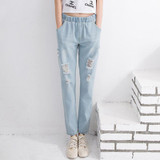 Boyfriend Jeans For Women 2017 Summer High-Waist Denim Trousers Harem Hole Ripped Pants Female Elastic Waist Jeans